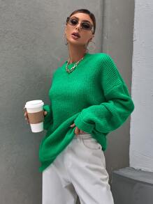 Jersey tejido de canalé de hombros caídos - Verde - Ver 3