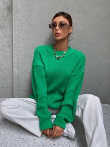 Jersey tejido de canalé de hombros caídos - Verde - Ver 4