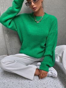 Jersey tejido de canalé de hombros caídos - Verde - Ver 5