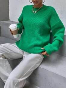 Jersey tejido de canalé de hombros caídos - Verde - Ver 6