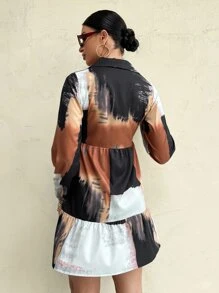 SHEIN Privé Color-block Ruffle Hem Shirt Dress Without Belt - Multicolor - View 2