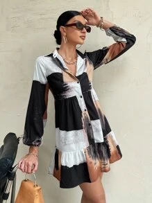 SHEIN Privé Color-block Ruffle Hem Shirt Dress Without Belt - Multicolor - View 3