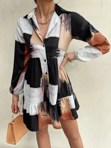 SHEIN Privé Color-block Ruffle Hem Shirt Dress Without Belt - Multicolor - View 4