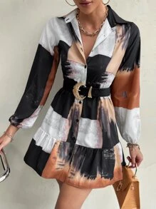 SHEIN Privé Color-block Ruffle Hem Shirt Dress Without Belt - Multicolor - View 5