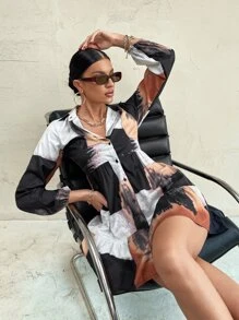 SHEIN Privé Color-block Ruffle Hem Shirt Dress Without Belt - Multicolor - View 6