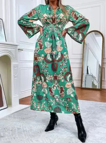 SHEIN Unity 植物圖案喇叭袖後背開衩連衣裙 - 彩色 - 查看 1