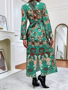 SHEIN Unity 植物圖案喇叭袖後背開衩連衣裙 - 彩色 - 查看 2