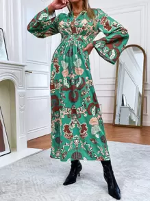 SHEIN Unity 植物圖案喇叭袖後背開衩連衣裙 - 彩色 - 查看 4