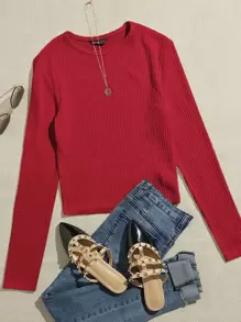 SHEIN Essnce Camiseta corta tejida de canalé unicolor - Rojo - Ver 1