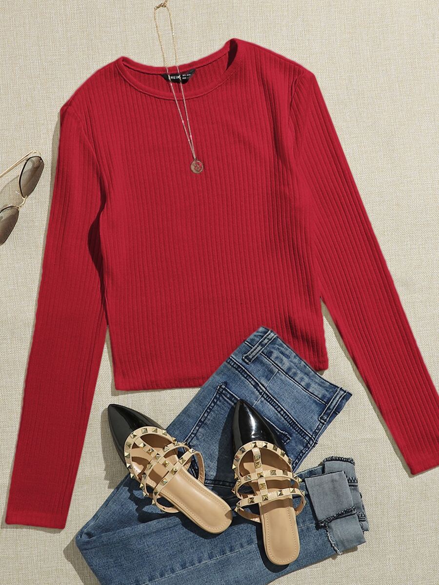 SHEIN Essnce Camiseta corta tejida de canalé unicolor - Rojo - Ver 1