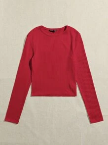 SHEIN Essnce Camiseta corta tejida de canalé unicolor - Rojo - Ver 3