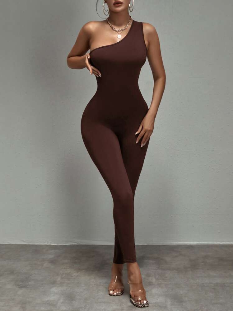 SHEIN SXY Solid One Shoulder Unitard Jumpsuit - Chocolate Brown - View 1