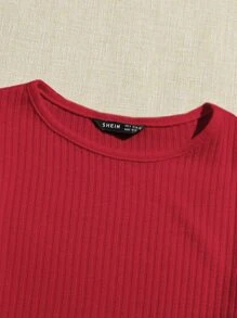 SHEIN Essnce Camiseta corta tejida de canalé unicolor - Rojo - Ver 4