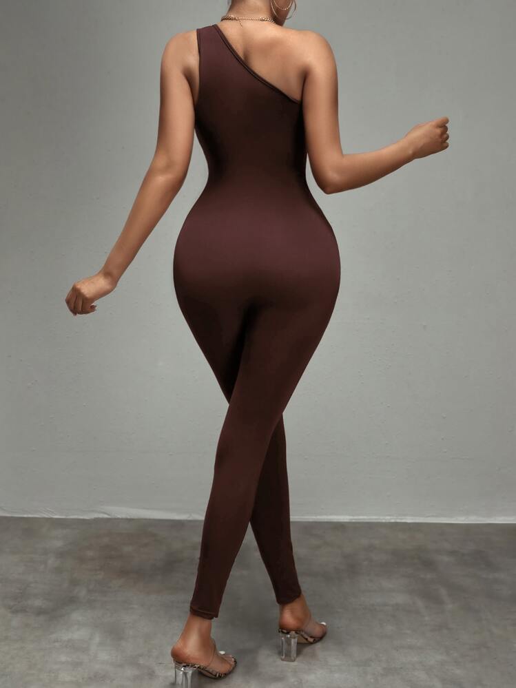 SHEIN SXY Solid One Shoulder Unitard Jumpsuit - Chocolate Brown - View 2