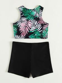 Bộ bikini áo nhún bèo in họa tiết cây cối và quần short trơn, cho kỳ nghỉ hè ở bãi biển - Màu xanh lá cây đậm - Xem 2