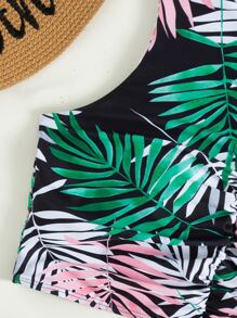 Bộ bikini áo nhún bèo in họa tiết cây cối và quần short trơn, cho kỳ nghỉ hè ở bãi biển - Màu xanh lá cây đậm - Xem 4