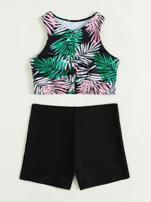 Bộ bikini áo nhún bèo in họa tiết cây cối và quần short trơn, cho kỳ nghỉ hè ở bãi biển - Màu xanh lá cây đậm - Xem 3