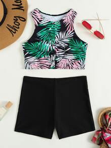 Bộ bikini áo nhún bèo in họa tiết cây cối và quần short trơn, cho kỳ nghỉ hè ở bãi biển - Màu xanh lá cây đậm - Xem 5