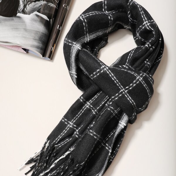 

Men Fringe Hem Plaid Pattern Scarf, Multicolor