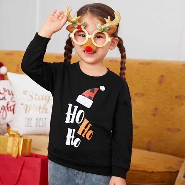 

Toddler Girls Christmas Hat & Letter Graphic Pullover, Black