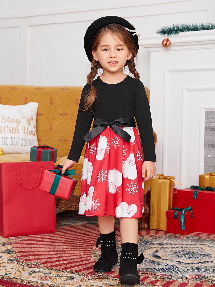 小女童聖誕老人印花繫腰帶洋裝