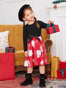 小女童聖誕老人印花繫腰帶洋裝