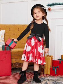 小女童聖誕老人印花繫腰帶洋裝