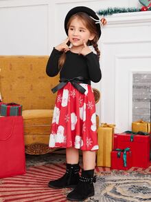 小女童聖誕老人印花繫腰帶洋裝