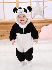 Baby Boy Contrast Panel 3D Ear Design Flannel Jumpsuit - Black and White - View 1