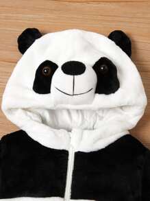 Baby Boy Contrast Panel 3D Ear Design Flannel Jumpsuit - Black and White - View 5