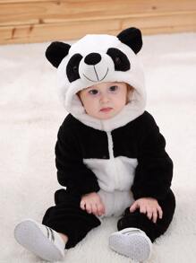 Baby Boy Contrast Panel 3D Ear Design Flannel Jumpsuit - Black and White - View 6