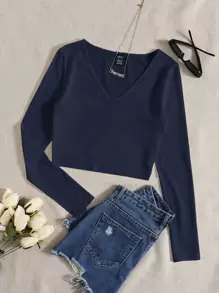 SHEIN EZwear 纯色 V 领短款 T 恤