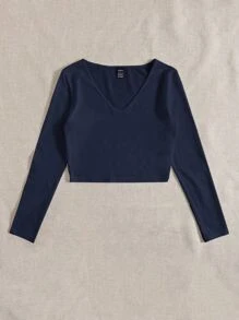 SHEIN EZwear 纯色 V 领短款 T 恤