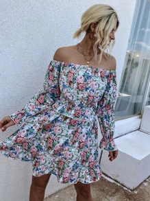 Allover Floral Bardot Dress - Multicolor - View 1