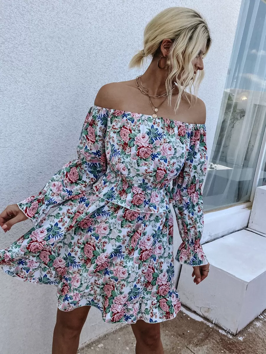 Allover Floral Bardot Dress - Multicolor - View 1