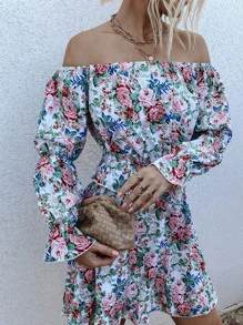 Allover Floral Bardot Dress - Multicolor - View 6