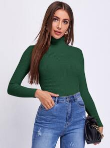 SHEIN Essnce Áo thun nữ Gân đan màu trơn Giải trí - Màu xanh lá cây đậm - Xem 1