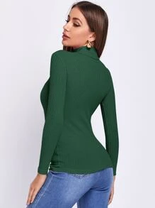 SHEIN Essnce Áo thun nữ Gân đan màu trơn Giải trí - Màu xanh lá cây đậm - Xem 2