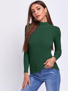 SHEIN Essnce Áo thun nữ Gân đan màu trơn Giải trí - Màu xanh lá cây đậm - Xem 4