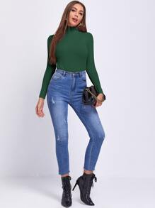 SHEIN Essnce Áo thun nữ Gân đan màu trơn Giải trí - Màu xanh lá cây đậm - Xem 5