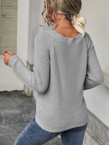 V Neck Raglan Sleeve Jumper - Grey - View 2