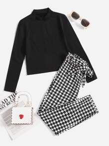 SHEIN Girls Mock Neck Tee & Houndstooth Belted Trousers - Black and White - View 1