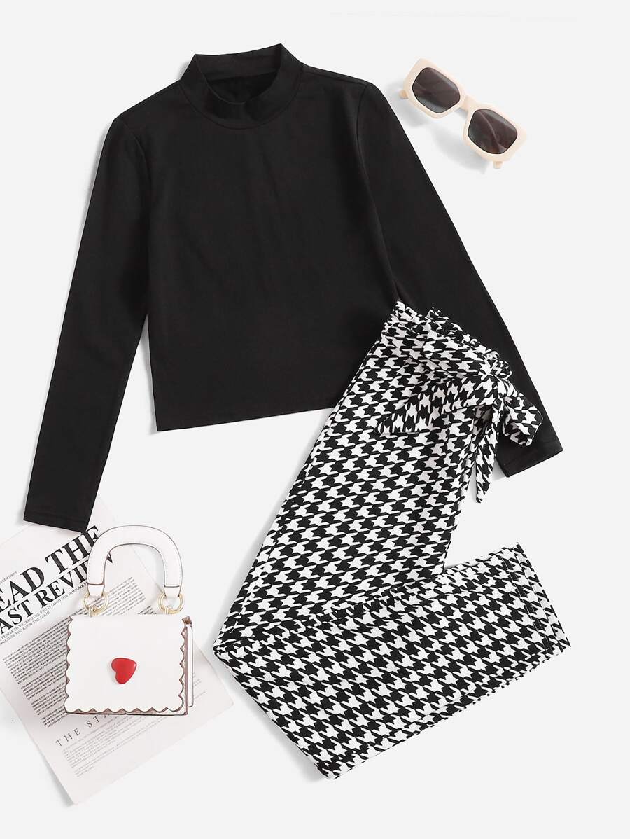 SHEIN Girls Mock Neck Tee & Houndstooth Belted Trousers - Black and White - View 1