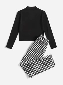 SHEIN Girls Mock Neck Tee & Houndstooth Belted Trousers - Black and White - View 2