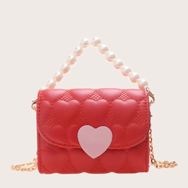 

Girls Mini Faux Pearl Decor Flap Square Bag, Red