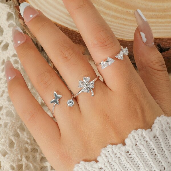 

3pcs Zircon & Butterfly Decor Ring, Silver