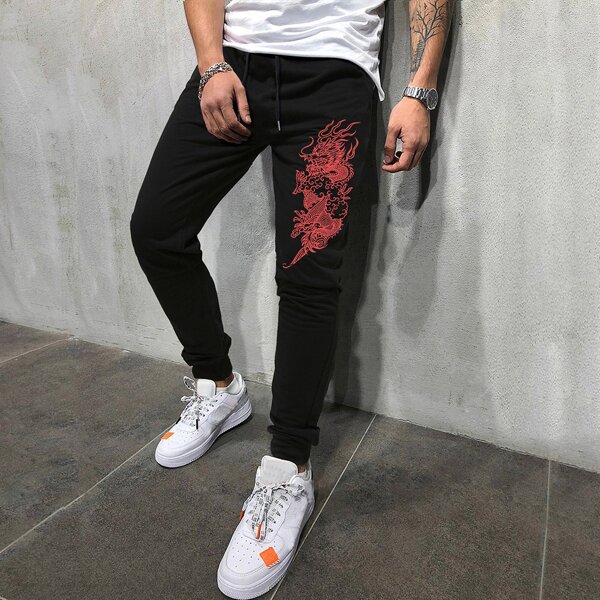 

Men Chinese Dragon Graphic Drawstring Sweatpants, Black