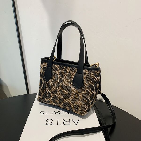 

Girls Leopard Pattern Nylon Bucket Bag, Black