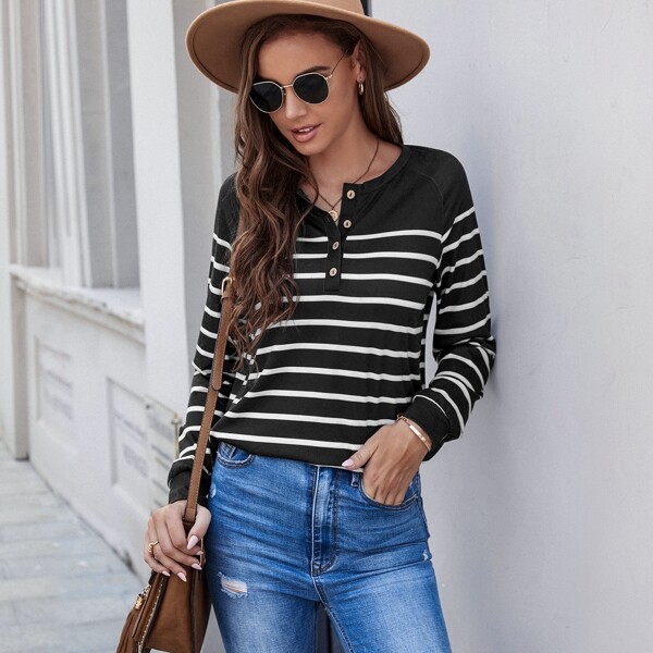 

Striped Raglan Sleeve Quarter Button Tee, Black and white