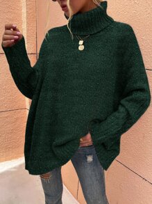 SHEIN LUNE High Neck Batwing Sleeve Jumper - Dark Green - View 1